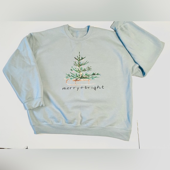 Gildan Tops - Merry + Bright Christmas Graphic Light Blue Sweatshirt
